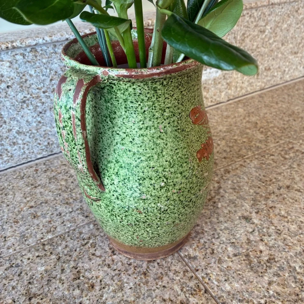 Italian ceramic pitcher rustic or folk art style, speckled green glaze Red Clay